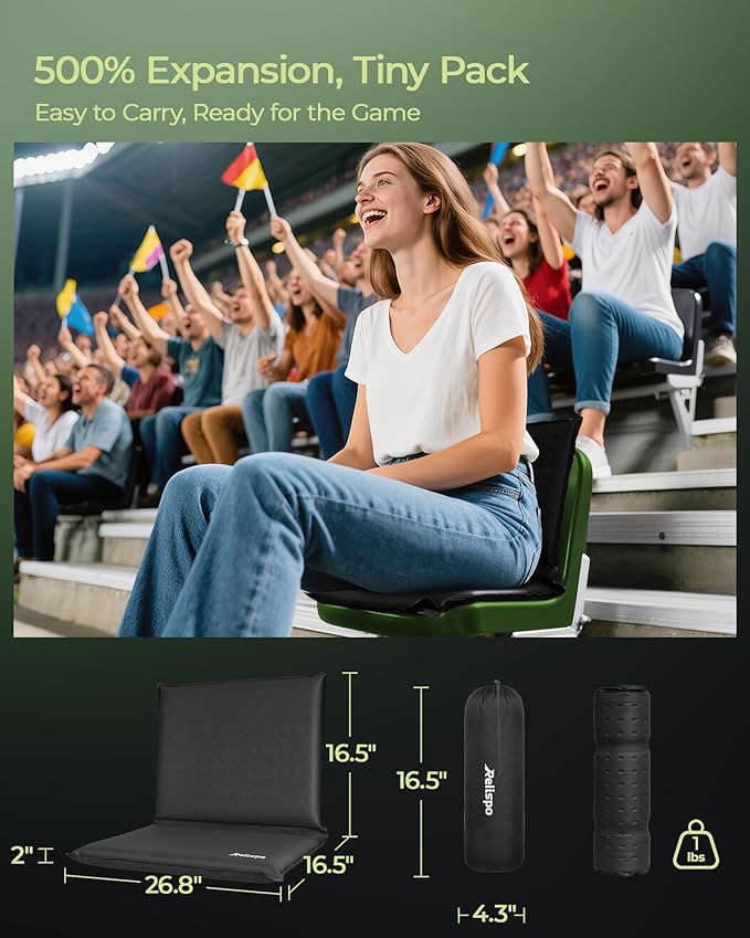 Self-Inflating Stadium Seat Cushion, Waterproof & Lightweight Inflatable Seat Cushion for Airplane Seat Travel Bleacher Camping, High Density Foam Blow up Sitting Pad for Backpacking