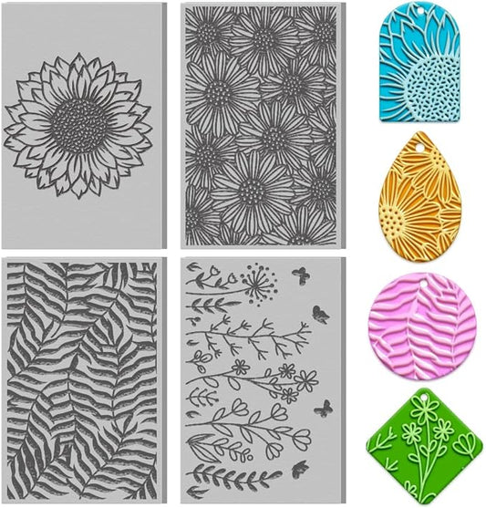 4PCS Polymer Clay Flowers Leaves Texture Sheets Set for Using with Clay Cutters Boho Clay Mat Effect as Clay Texture Roller Polymer Clay Tools Clay Earrings Texture Mats for Polymer Clay