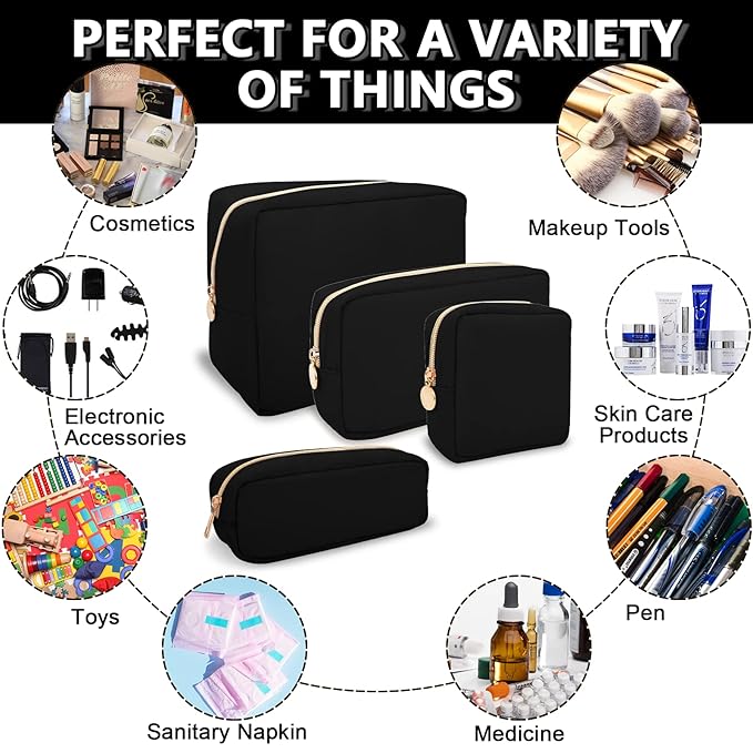 UIXIZQ Waterproof Mini Makeup Bag for Purse,Small Cosmetic Pouch Nylon Travel Toiletry Organizers Bag for Women Girls,Cute Zipper Preppy Coin Purse for Work(Mini-Black)