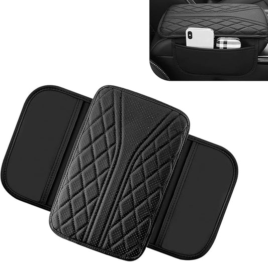 Bawkars Car Center Console Cover, Leather Vehicle Armrest Protector Cushion with 2 Side Storage Bags, Auto Breathable Middle Interior Accessories, Universal for SUV, Sedan, Truck (Black)