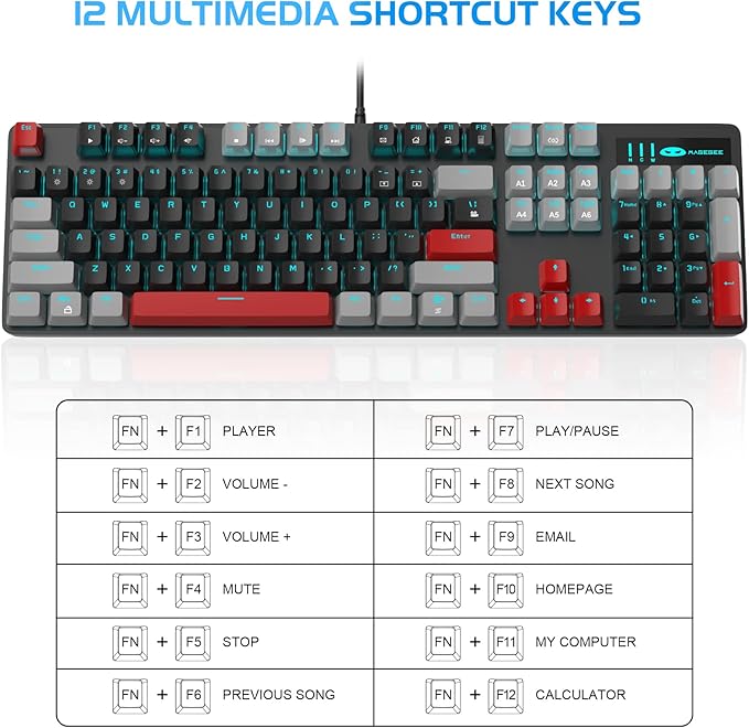 MageGee Mechanical Gaming Keyboard, 104 Keys Blue Backlit Keyboards with Red Switches Double-Shot Keycaps, USB Wired Mechanical Computer Keyboard for Laptop, Desktop, PC Gamers(Gray & Black)