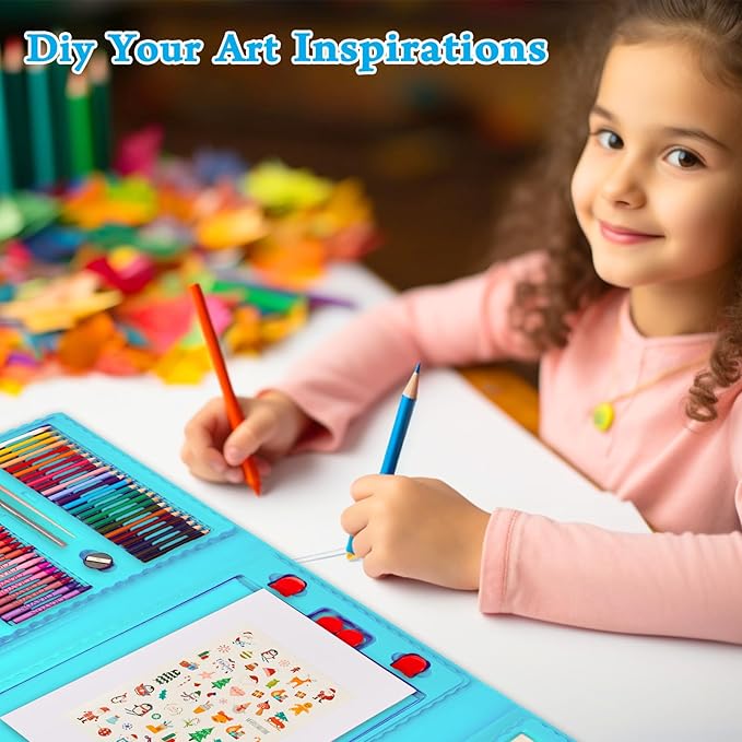 KINSPORY Art Kit, 290 Pack Art Sets Crafts Drawing Coloring kit, Double-Side Trifold Easel, Oil Pastels, Crayons, Colored Pencils, Creative Gift for Beginners Artists Girls Boys Kids (Blue)