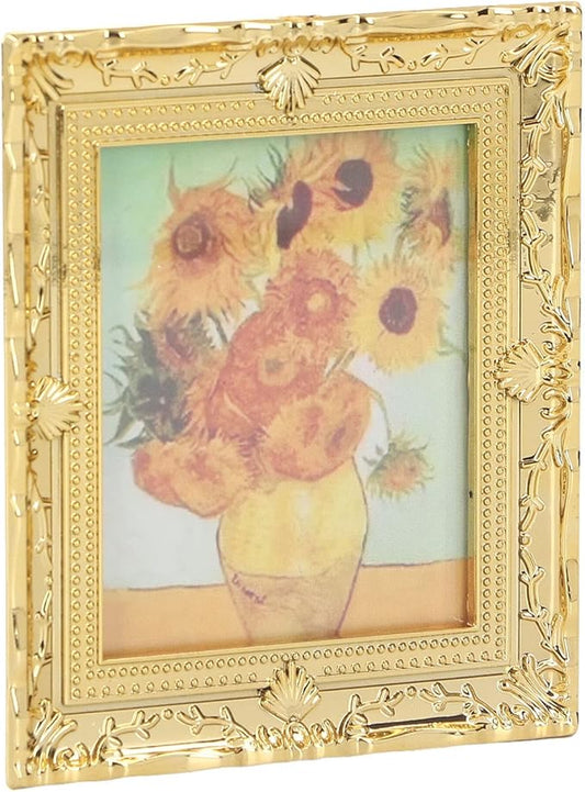 CHICIRIS Miniatures Art Painting, Gold Frame Miniatures Oil Painting Beautiful for Kids for Dollhouse Decoration (Sunflower Shape)