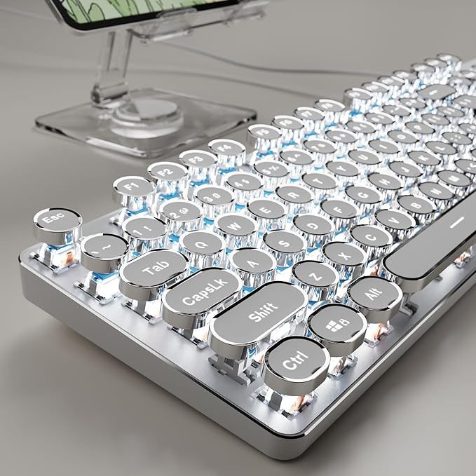 EWEADN TK100 Typewriter Style Wired Mechanical Keyboard, 104 Keys Aesthetic Typewriter Keyboard with White Backlit, Anti-Ghosting, Blue Switch Wired Cute Keyboards-White