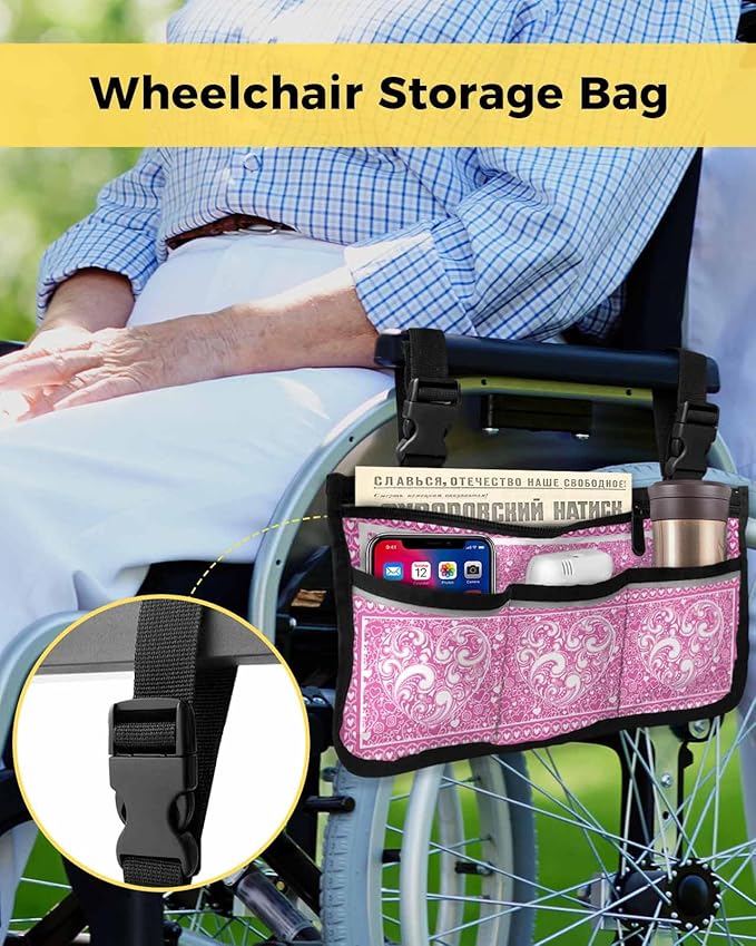 Wheelchair Side Storage Bag Valentine's Day Pink and White Abstract Love Heart Texture Armrest Pouch with Cup Holder and Reflective Strip Wheelchair Accessories Organizer Bags for Walkers Rollator