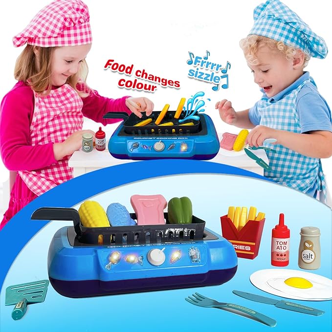 Cooking Simulator Toy with Color Changing Accessories, 20 PCS Fun Frying Kit Gourmet Cooking Box, Magic Fry Simulation Cooking Toy with Sound & Light & Bubble Grill Surface for Kids 3-8-Blue