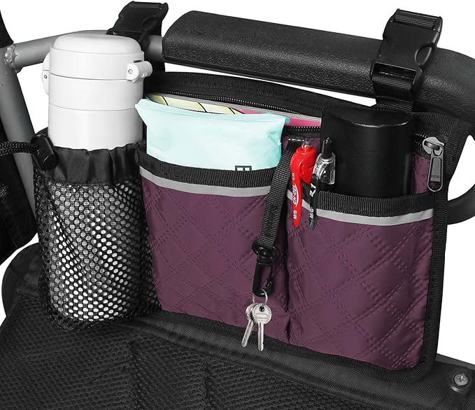 Wheelchair Bag with Cup Holder, Wheelchair Accessories Armrest Side Bag Multi Pockets Pouch for Electric Wheelchairs, Walker, Rollators & Mobility Scooters, Adults, Seniors, Purple