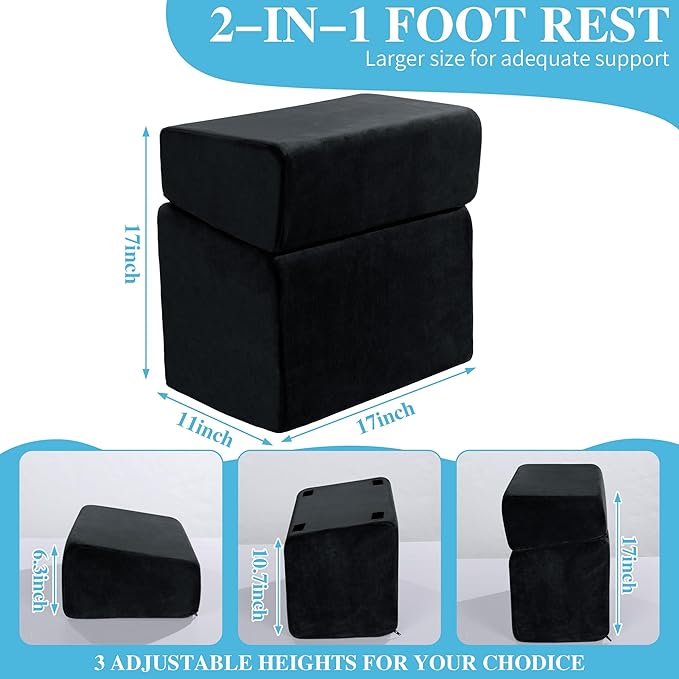 ROYALAY Adjustable Foot Rest Under Desk for Office, High-Density Foam Foot Rest with 3 Adjustable Heights, Ergonomic Footrest with Washable Cover for Home, Airplane, Travel(17 * 11 * 17in, Black)