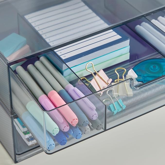 STORi STAX Plastic Stackable Organizer Drawers (Set of 2) Classic Grey | 12.5" Wide | Set Includes One Open Drawer & One Divided Drawer | Organize Office Desk Accessories & Sort Paper | Made in USA