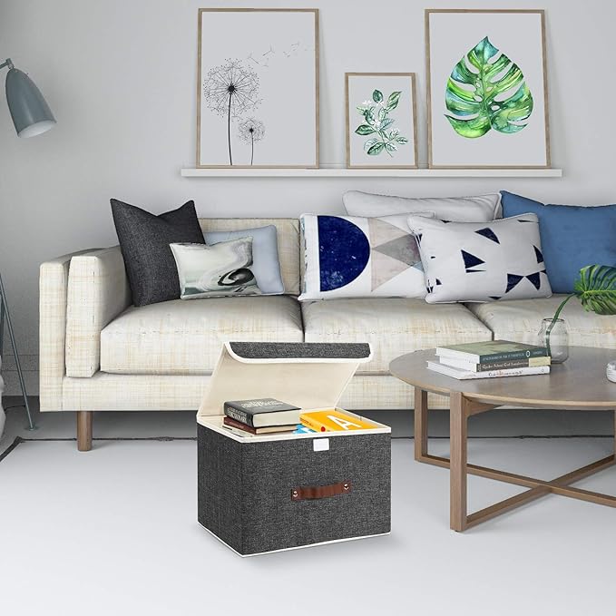 TYEERS Collapsible Storage Boxes, Washable Fabric Storage Bins with Lids, 14.9x9.8x9.8 inches, 2 Pack, Black