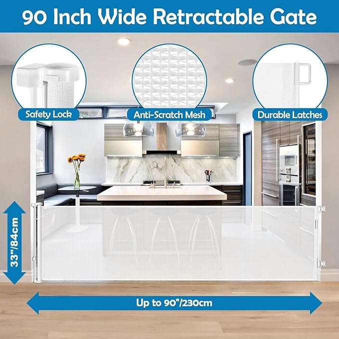 90 Inch Retractable Baby Gates Extra Wide Dog Gates for Dogs Indoor Outdoor Extra Long Baby Gates for Large Openings Large Baby Gate Mesh Dog Gates for The House Extra Wide Baby Gate Deck Gate, White