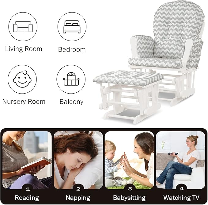 Costzon Nursery Glider with Ottoman, Upholstered Comfort Glider Rocker with Padded Cushion, Storage Pocket, Solid Wood Base, Rocking Chair Nursery for Breastfeeding, Maternity, Napping (Gray & White)