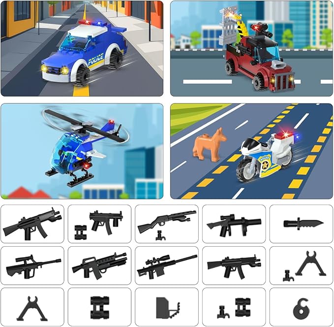 HOGOKIDS City Police Station Building Toys with LED Light - 734pcs Police Building Block Sets with Helicopter Police Motorcycle Vehicle Armored Car, Police Playset Gift for Kids Boys Girls Age 8-12+
