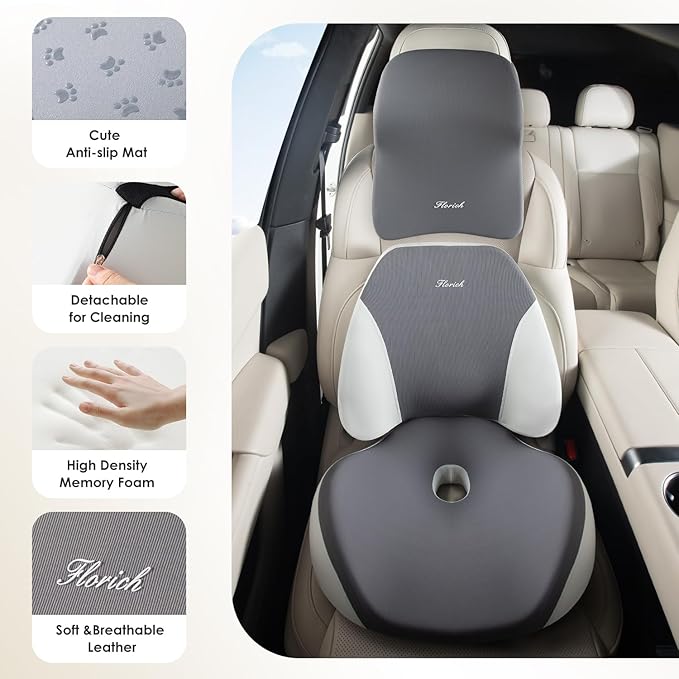 FLORICH Car Seat Cushion & Lumbar Support Pillow & Car Neck Pillow Ergonomic and 100% Memory Foam, Upgraded Larger and Breathable Car Seat Cushion & Back Support Pillow - Gray