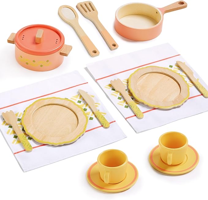 Giant bean Play Dishes for Kids Kitchen, Wooden Kitchen Toys Set Including Play Dishes, Pot and Pan, Utensils, Montessori Play Accessories for 3 4 5 Years Old Girls and Boys Gifts