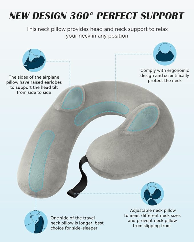 BLABOK Inflatable Neck Pillow for Travel, Travel Pillow Support Head and Neck, Travel Neck Pillow for Airplane,Train,Car,Office,Home,Washable Cover (Grey)