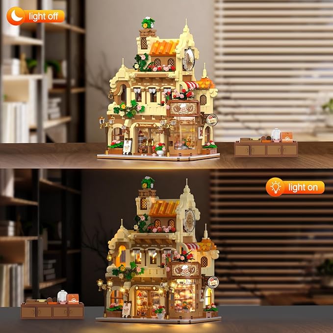 City Bakery Cafe House Building Set with Light, 1289 PCS Baking Shop Building Block Toy with Coffee Cake Bread Bakery Room, Pastry Construction Model for Adults Teens Kids Boys Girls Ages 8-12+