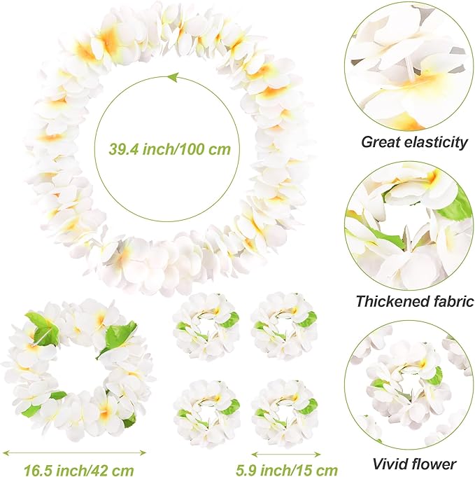 HOBBY HORSE 24 Pieces Hawaiian Luau Flower Leis Halloween Decor Leis White Necklaces Bracelets Headband Anklets Set Tropical Party Favor for Halloween Cosplay Beach Wedding Birthday Party Supplies