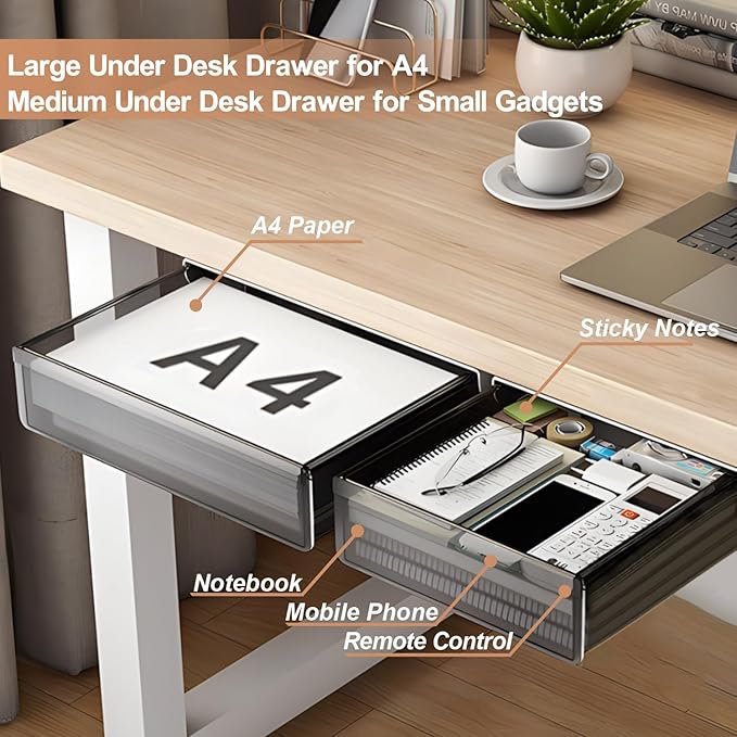 Under Desk Table Drawer Storage Organizer,2 Pack Large & Medium Slide Out Desk Drawers - Hidden Desktop Organizer,Attachable Pencil Storage Tray Under Table(ML)