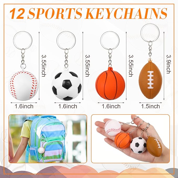 LEIFIDE 48 Pcs Basketball Soccer Football Baseball Party Favors Supplies 12 Silicone Bracelet 12 Drawstring Treat Bag 12 Mini Stress Ball 12 Keychains for Birthday Sports Party Supplies (Mixed Style)