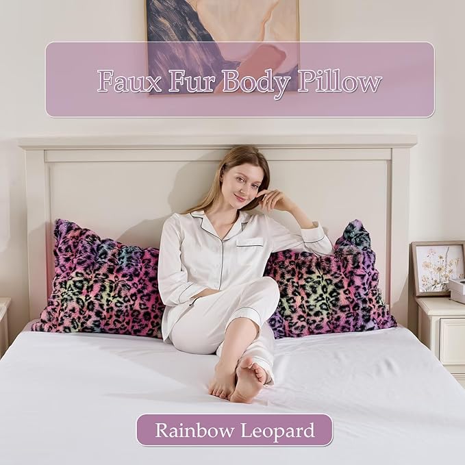 20x54 Fluffy Leopard Print Full Body Pillow,Cheetah Print Plush Fuzzy Faux Fur Body Pillows,Ultra Soft Bed and Sofa Pillow for Side Sleeper & Pregnancy,Furry Long Pillows-Rainbow Leopard