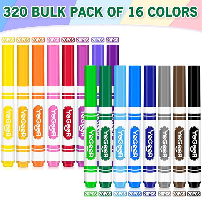 320 Count Washable Markers Bulk – 16 Assorted Colors, Broad Tip Markers for Kids, Teachers, and Classroom Supplies, Perfect for Art and Coloring.(320)