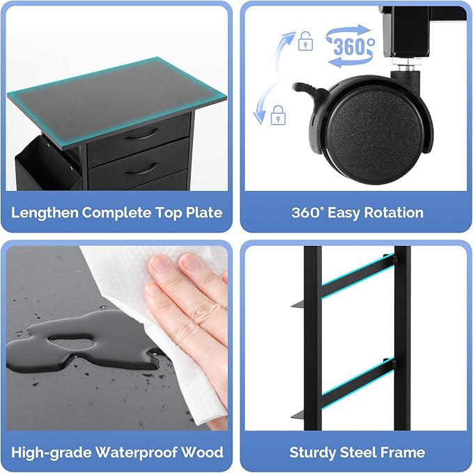 Printer Stand with 3 Fabric Drawer, Mobile File Cabinet for Home Office with Storage Bag, Rolling Under Desk Organizer Shelf, Fits A4 or Letter Size, Complete Top Plate Fast Assembly (Night Black)