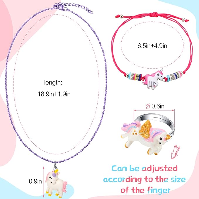 24 Pcs Little Girl Jewelry Set Kids Unicorn Necklace Cute Woven Bracelet Ring for Girls Pretend Dress up Party Favor (Vivid Style)