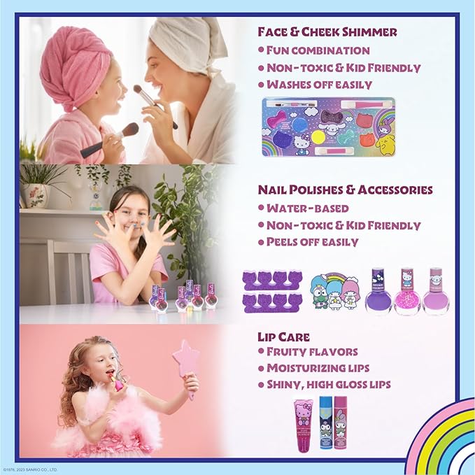 Hello Kitty & Friends - Townley Girl Train Case Makeup Set for Kids, Includes Lip Gloss, Eye Shimmer, Nail Polish, Brushes, and More! Perfect for Parties, Sleepovers, and Makeovers. Non-Toxic, Ages 3+