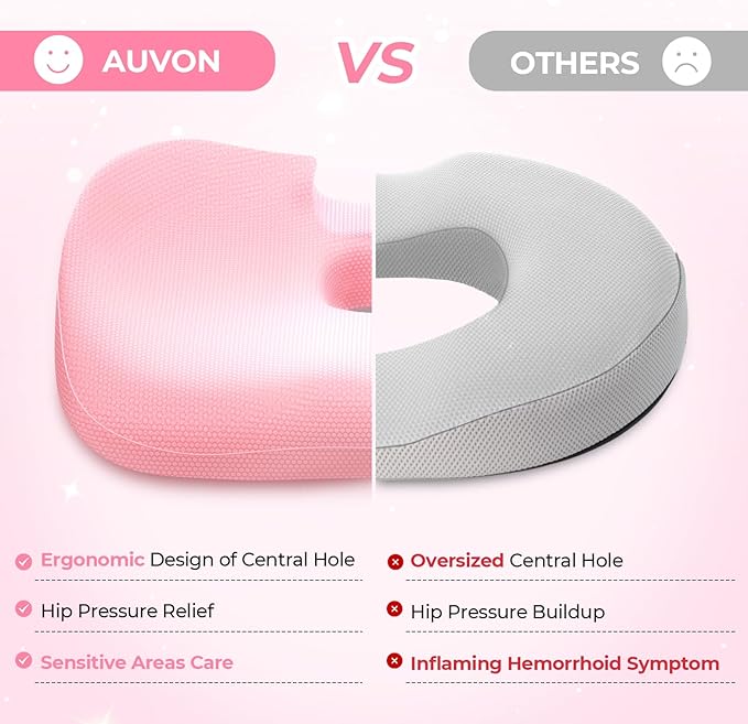 AUVON Innovative Donut Pillow Hemorrhoids Scientific Center Hole and Tailbone Cutout, Orthopedic Pain Relief Donut Seat Cushion for Coccyx, Sciatica, After Surgery Sitting Relief, FSA HSA Eligible