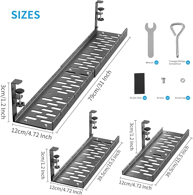 31Inch Extendable Under Desk Cable Management Tray, Black Metal Cable Management Tray Under Desk Cord Management with Clamp, 31 Inch x 4.33 Inch