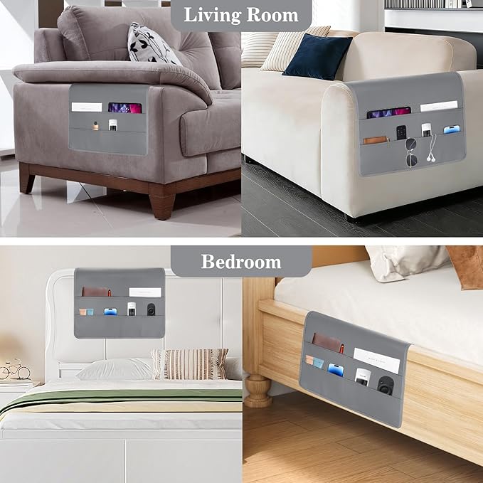 PU Leather Couch Organizer Caddy Sofa Armrest Organizer, Remote Control Holder for Recliner, Waterproof Armchair Caddy with 6 Pockets Storage for Magazine, Tablet, Phone, Remote (Dark Gray)