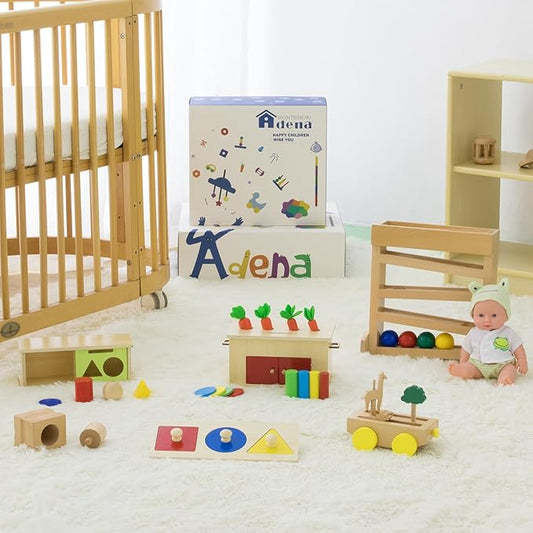 Adena Montessori Play Kit for 11-12 Months Baby,7 in 1 Learning Educational Toys for Toddler,Include Multi-Shapes Puzzle,Ball Tracker,Wooden Shapes Drop and More,Christmas Birthday Gift for Boys Girl