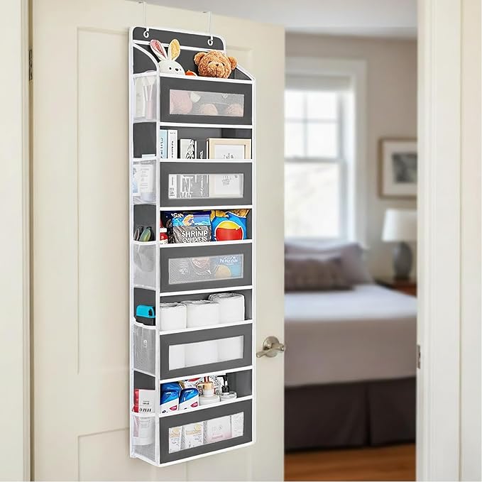 Over The Door Storage Organizer,Hanging Door Organizer with 5 Pockets Mesh Side Bag,Sturdy Hanging Shelves for Toys,Diaper,Nursery,Bedroom,Bathroom,15.7"×6.7"×57",Black