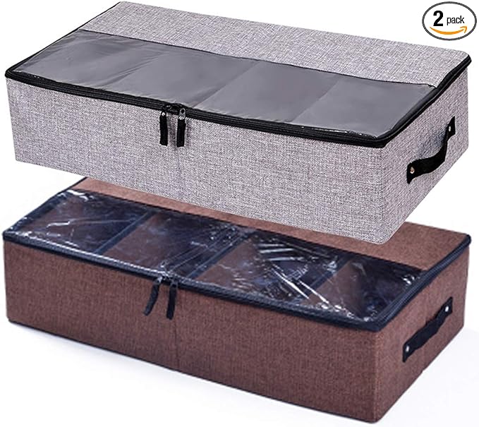 AARAINBOW 2 Packs Foldable Under Bed Shoes Organizer with Lids, Underbed Clothes Storage Container with Divider, UnderBed Storage Bins Box with Clear Window (Gray+Coffee)