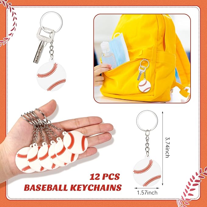 LEIFIDE 48 Pcs Basketball Soccer Football Baseball Party Favors Supplies 12 Silicone Bracelet 12 Drawstring Treat Bag 12 Mini Stress Ball 12 Keychains for Birthday Sports Party Supplies(Baseball)