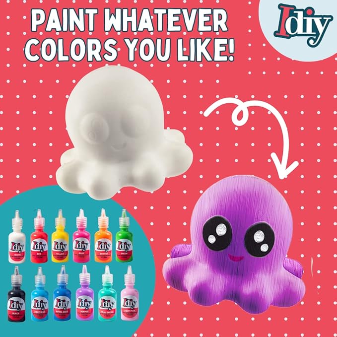 Idiy DIY Party Craft Kit Jumbo Ocean Pals Squishies (8 Unique Sea Animals w 12 Fabric Paints) -White Kawaii Scented Slow Rise Squishy Toys, Scented Stress Relief, Kids Birthday Activity Gift (4"-6")