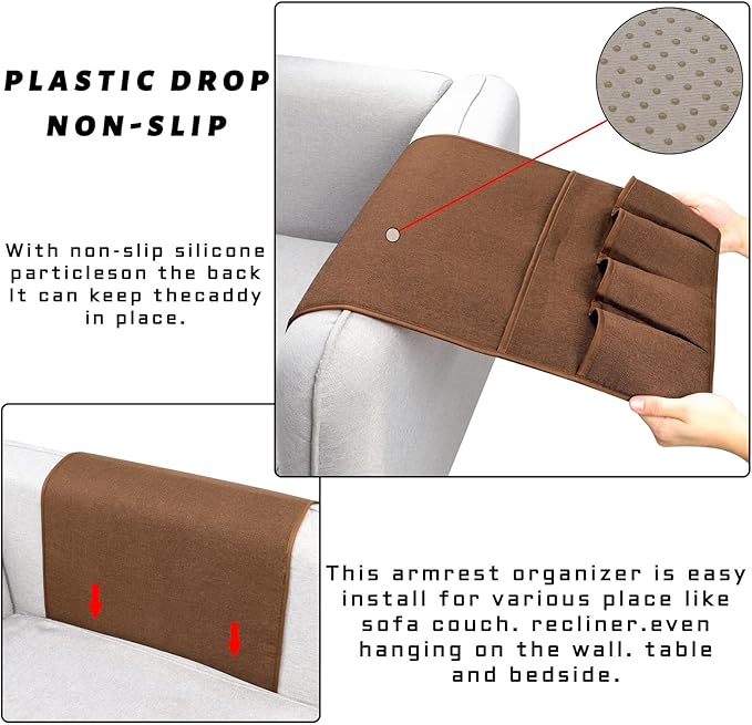 NB Sofa Armrest Organize remote holder bedside caddy organizer with 5 pockets，non-slip couch remote control holder couch armchair caddy accessories (Brown, 35''x18'')