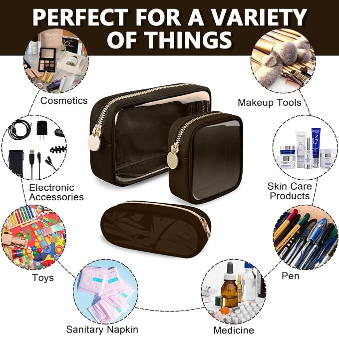 Clear Small Makeup Bag with Zipper, Nylon&PVC Cosmetic Travel Bag Preppy TSA Approved Toiletry Bag for Women Girls, Transparent Waterproof Makeup Pouches Cute Travel Bag for Purse(Small-Chocolate)