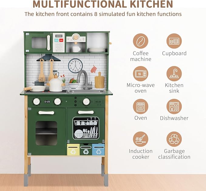 Kids Kitchen Playset for Toddlers 3-5 Years, Wooden Play Kitchen for Toddlers with Coffee Maker, Microwave, Dishwasher and Washing Machine