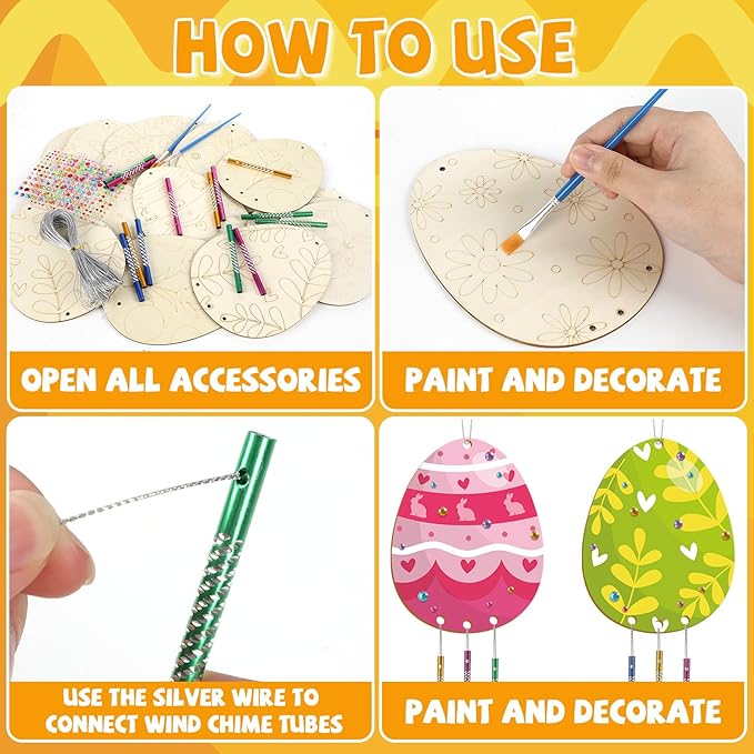 16 Pack Easter Egg Wind Chime Kits Easter Crafts for Kids Make Your Own Easter Egg Wind Chime Wooden DIY Arts and Crafts for Spring Party School Classroom Hanging Decoration Supplies Birthday Favors