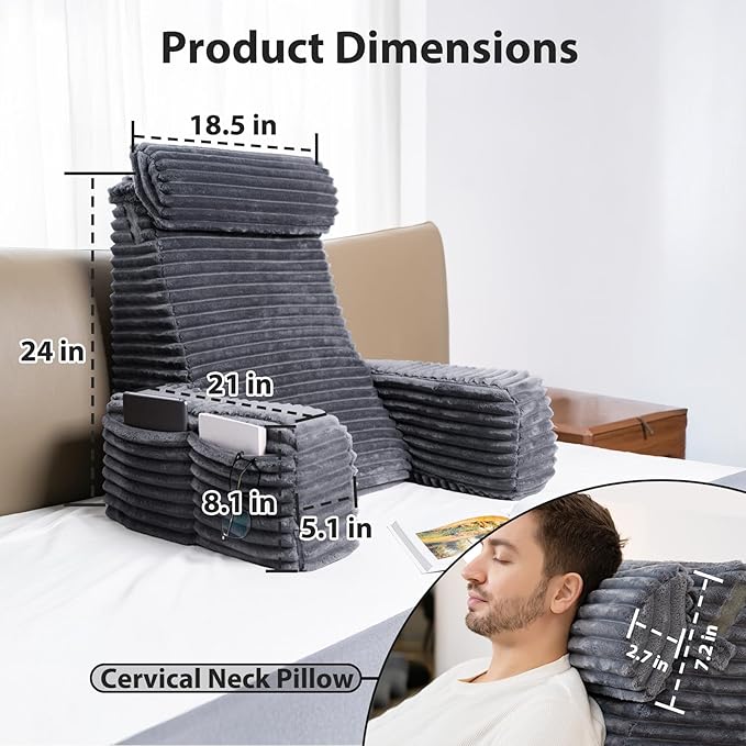ENITYA Reading Pillow for Sitting in Bed Adult, 24in XXL Back Pillow for Bed Sitting up, Big Pockets & Built-in Arms, Back Support Chair Pillow for Watching TV/Reading/Gaming/Resting/Post Surgery,Grey