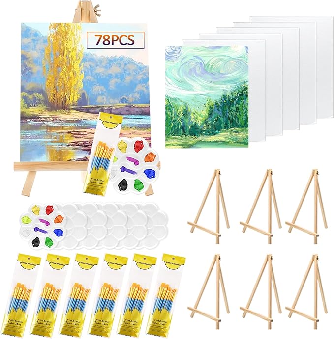78 Pcs Art Painting Kit Supplies Set for Kids to Party - 6 Packs of 60 Brushes, 6 Wood Easels(8 * 12in), 6 Canvas Panels(8 * 10in) & 6 Palettes(5in), No Paint