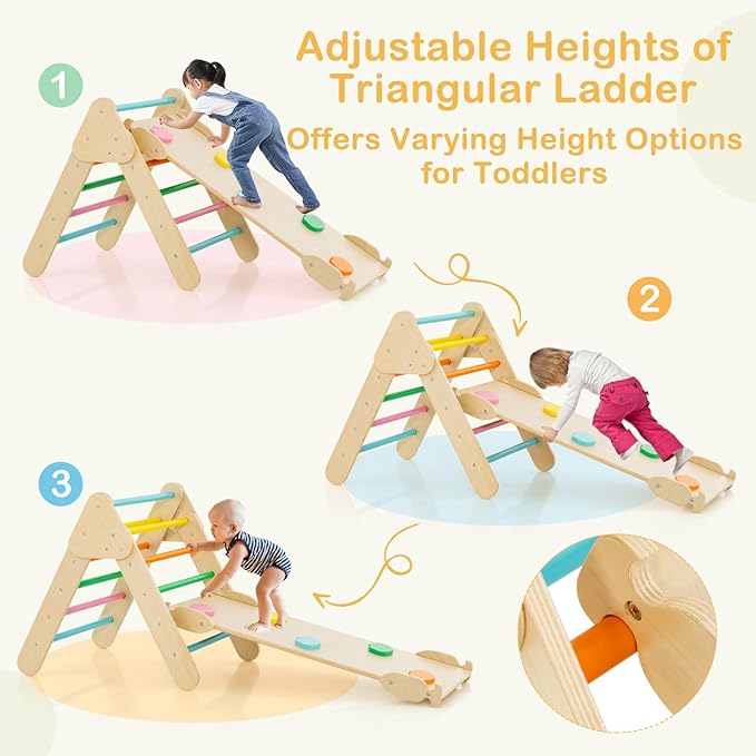 Costzon Climbing Toys for Toddlers, Foldable Montessori Wooden Arch Climber Ladder with Sliding Ramp, Multi-Combination Methods, Rainbow Kids Triangle Climber Play Gym Set for Boys Girls Gift Present