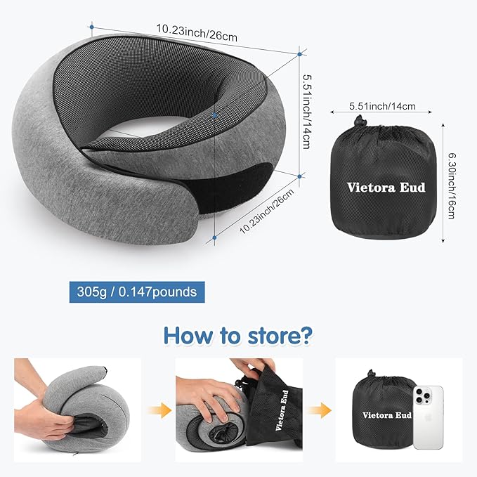 Vietora Eud Travel Neck Pillow, Memory Foam Neck Support for Airplane, Car & Office, Breathable Portable Design with Eye Mask, Earplug Holder & Carry Bag, for Christmas & New Year