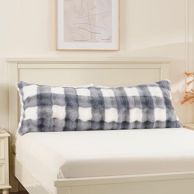 Luxury Shaggy Faux Fur Body Pillow,Fluffy Bed Pillow with Zipper Closure,Soft Decorative Plush Full Long Pillows,Fuzzy Hug Pillow for Living Room Side Sleeper & Pregnancy 20"x54" White and Grey