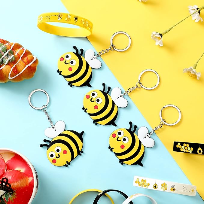 48 Pieces Cute Bee Keychain Bee Rubber Bracelets Bee Birthday Party Favors Honey Bee Silicone Wristband Bee Party Decorations for Birthday Supplies