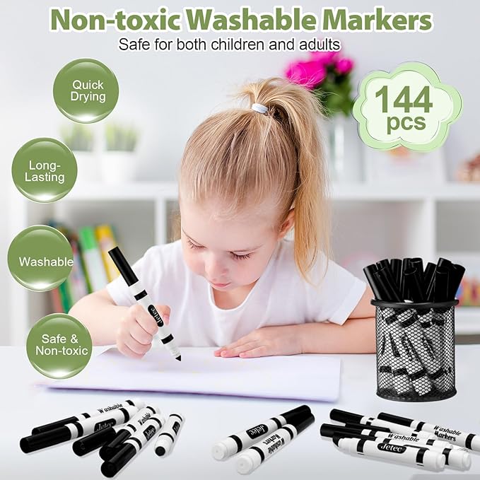 Janlaugh 144 Pcs Black Markers Bulk Washable Markers Set Broad Line Markers Broad Tip Classic Washable Markers for Kids, Teachers, Students, Party Favors, School Supplies, Donations
