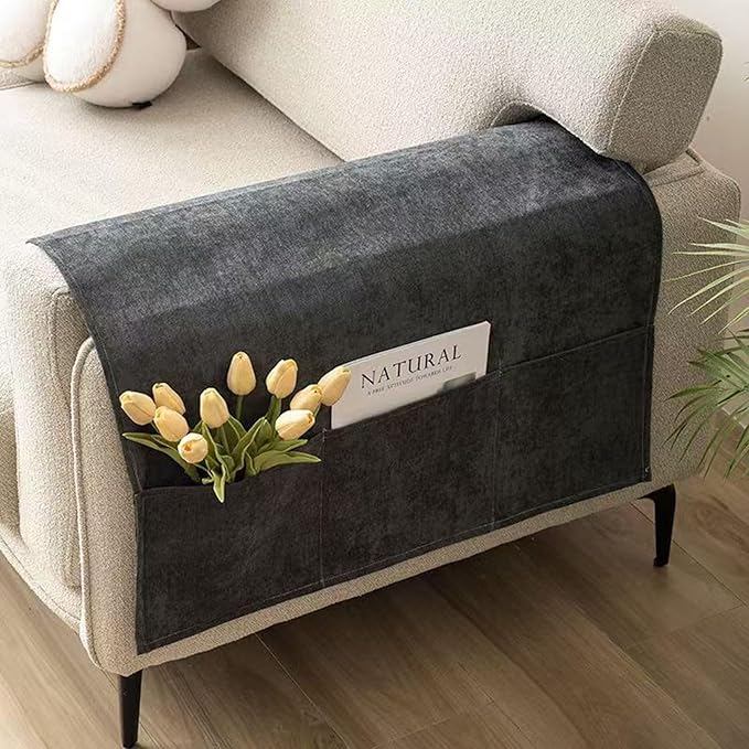 2 Pack Armchair Caddy for Couch Remote Control Holder Recliner Armrest Organizer Non Slip Sofa Arm Chair Caddie with 3 Pocket Storage for Magazine, Tablet, Phone, iPad (Dark Gray)