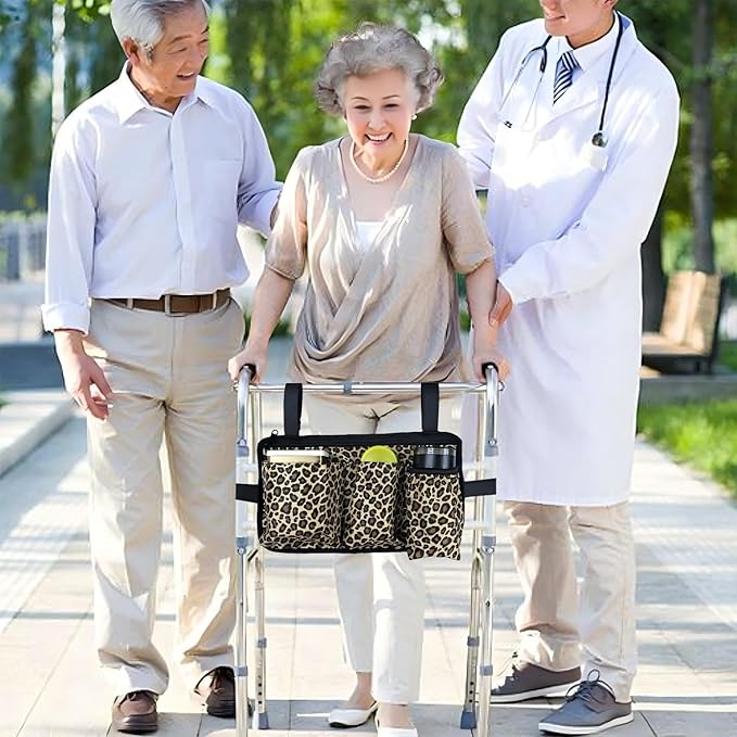 Wheelchair Side Bag with Cup Holder, Wheelchair Armrest Pouch Accessories for Walker, Rollator, Electric Scooter Wheelchairs (Leopard Print, 13.8X8 Inch)